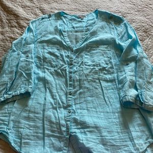 100% Linen Button Up Robin's Egg Blue Blouse